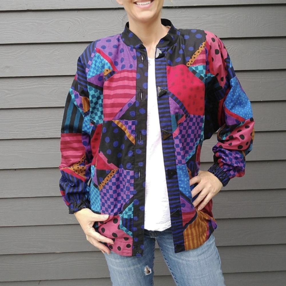 1980's 80's Rainbow Patchwork Jacket Jeweltone - image 1